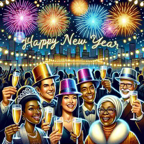 Colorful New Year's Eve Festivities with Diverse Crowd Celebrating
