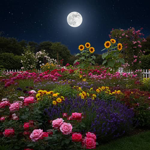 AI Flower Garden Under a Bright Moon