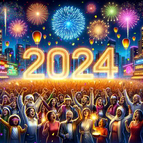 2024 New Year Celebration with Diverse Crowd and Fireworks Display