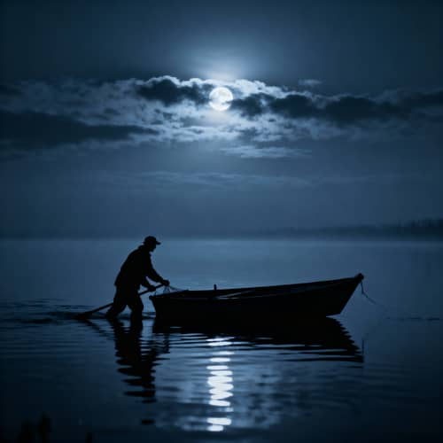 Fisherman Pushing Boat Under Cloudy Moonlit Night Fisherman Pushing Boat Under Cloudy Moonlit Night