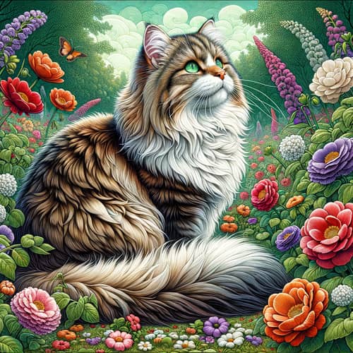 Domestic Cat Enjoying Peaceful Garden with Blooming Flowers