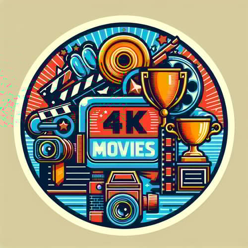 4K Movies Logo Design: Retro Billboard with Camera, Trophy and Clapper Board