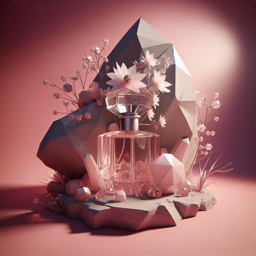 Cubist 3D Rendering of Perfume Bottle with Flowers on Rock