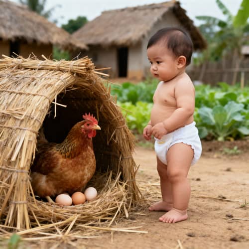 Charming Baby & Hen Nest in Rural Setting Charming Baby & Hen Nest in Rural Setting