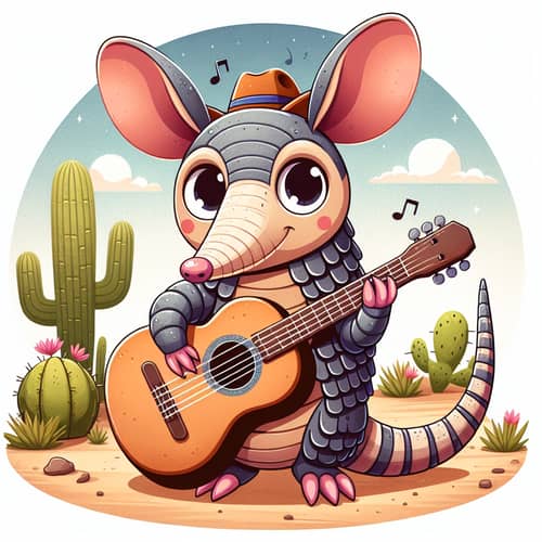 Charming Armadillo Playing Guitar in Texas Desert Scene