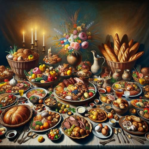 Sumptuous Meal with Roasted Meats, Colorful Vegetables, and Bread Varieties