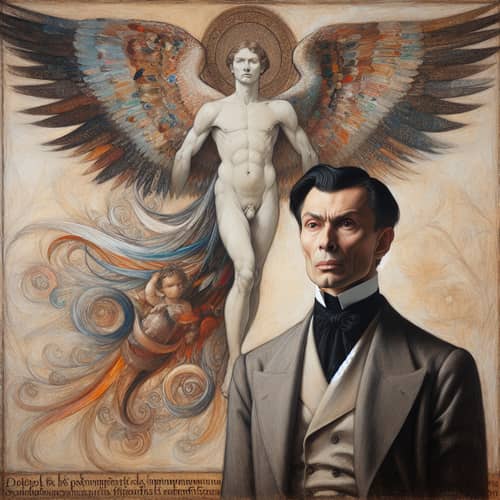 Intriguing Portrait of Gentle and Empathetic Man with Colorful Angel Wings
