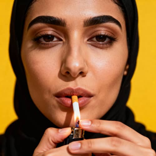 Hyperrealistic Close-Up of Woman Lighting Cigarette Hyperrealistic Close-Up of Woman Lighting Cigarette