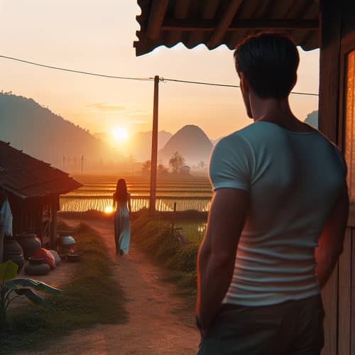 Vietnam Woman Walking Home at Sunset