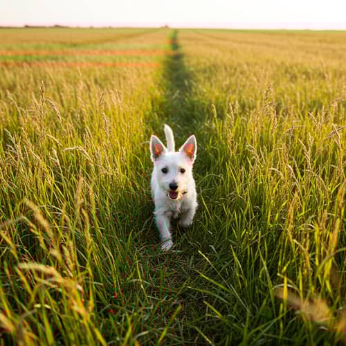 White Short-Haired Dog Walking in a Field White Short-Haired Dog Walking in a Field