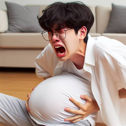 Intense Moment: Teenage Korean Boy with Pregnant Belly Screaming in Living Room