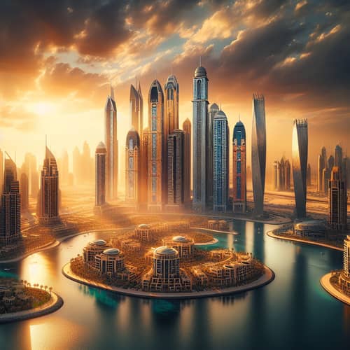 Futuristic Dubai Skyline at Sunset