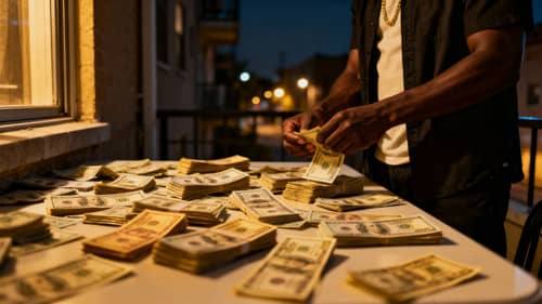 Money Counting Scene with Cash in Urban Setting