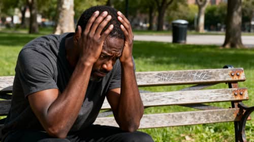 Man in Distress on Park Bench