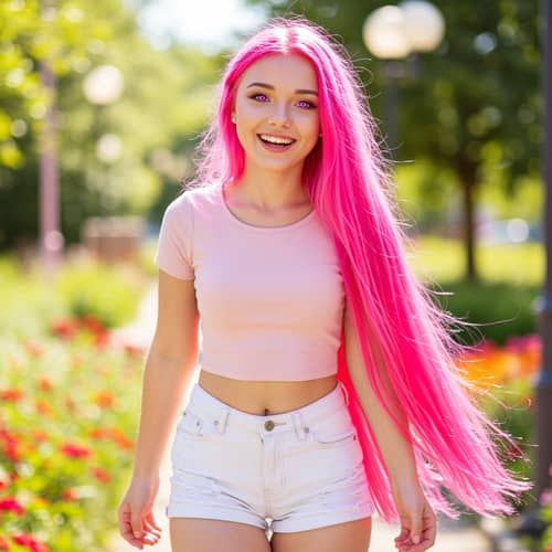 Cheerful Girl with Long Pink Hair and Pink Eyes
