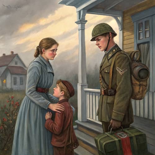 Romantic Oil Painting of Mother and Daughter in War