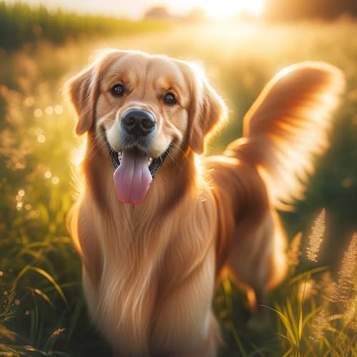 Happy Golden Retriever Enjoying Sun in Grass Field