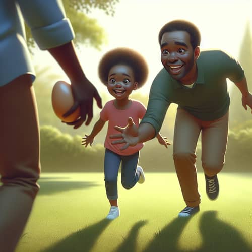 Joyful Family Moment: Children Running to Father with Egg