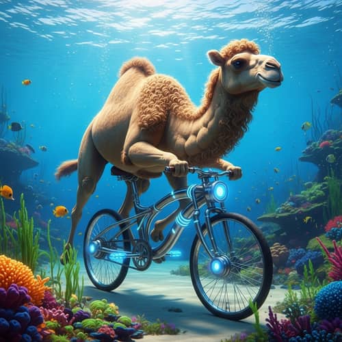 Futuristic Camel Underwater on a Bike