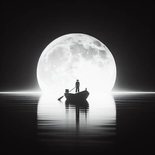 Tranquil Seascape: Unidentified Figure in Boat under Full Moon