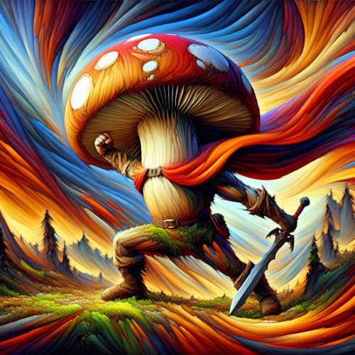 Heroic Mushroom Battling Against Evil in Fantasy Painting