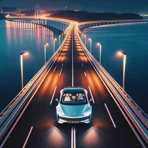 Prestigious Electric Car Night Drive on Sea Bridge