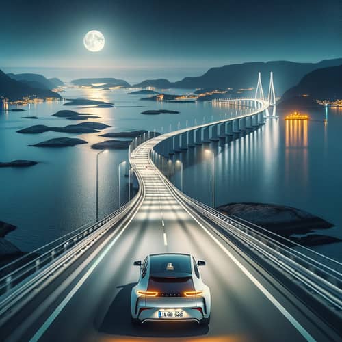Luxury Electric Car Driving on Moonlit Bridge Over Sea Strait