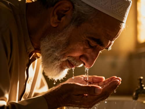Old Muslim Man Performing Wudu in Dim Light Old Muslim Man Performing Wudu in Dim Light