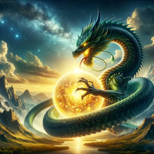 Majestic Dragon Coiled Around Shining Ball | Fantasy Scene