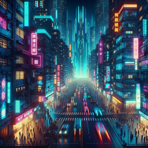 Futuristic Night Cityscape: Cyberpunk Neon Lights & Activity