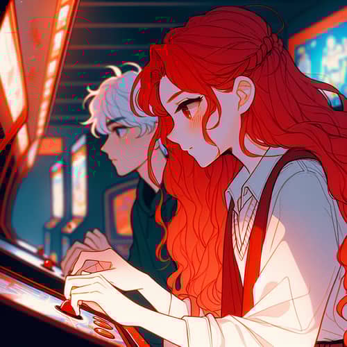 Engrossed Red-Haired Girl & White-Haired Boy Retro Arcade Gaming
