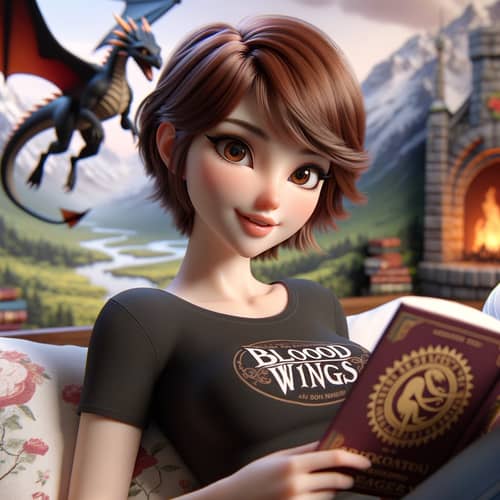 Enchanting 3D Woman Reading 'Blood Wings' Book on Bed
