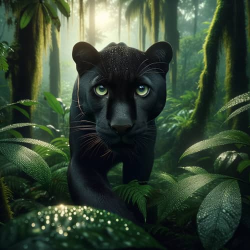 Majestic Black Panther Prowling in Tropical Rainforest