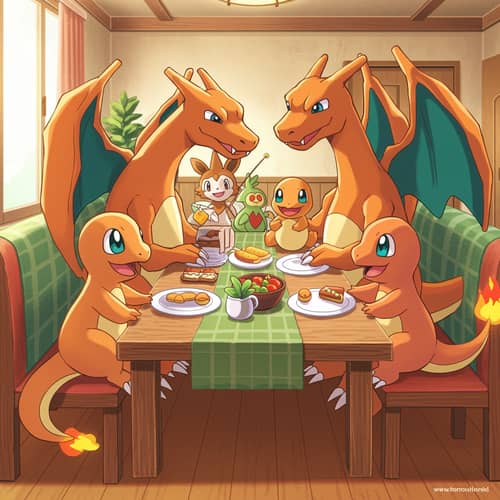 Charmander and Charizard Family Dinner Anime Art