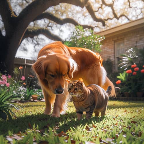Golden Retriever and Ginger Cat: Serene Garden Encounter