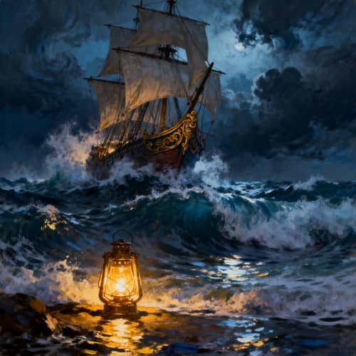 Stormy Sea Night Scene | Vintage Sailing Ship Drama Stormy Sea Night Scene | Vintage Sailing Ship Drama