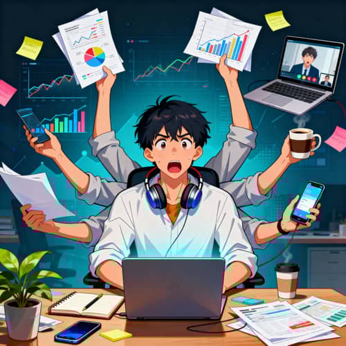 Overwhelmed Man Multitasking - Anime Illustration Overwhelmed Man Multitasking - Anime Illustration
