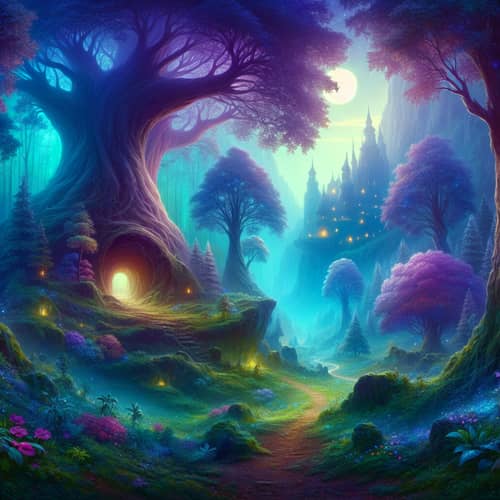 Magical Forest with Mystical Cave: Enchanting Twilight Scene