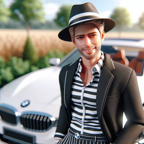 Blond Man in Striped Shirt and Black Suit Standing by White BMW