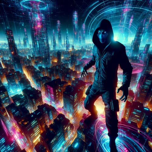 Dynamic Cyberpunk Cityscape with Mysterious Figure
