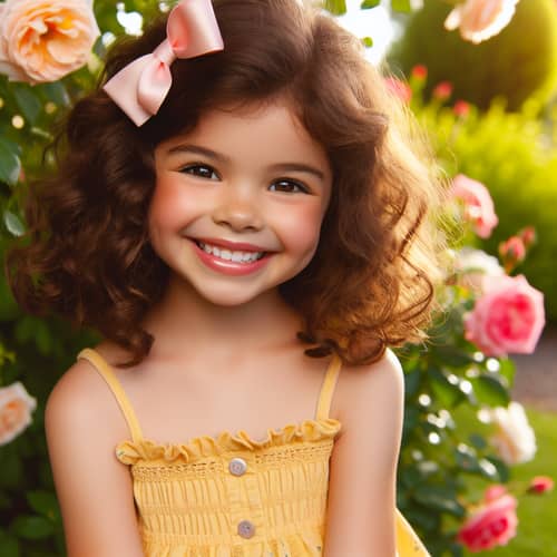 Smiling Hispanic Girl in Yellow Sundress by Rose Bush
