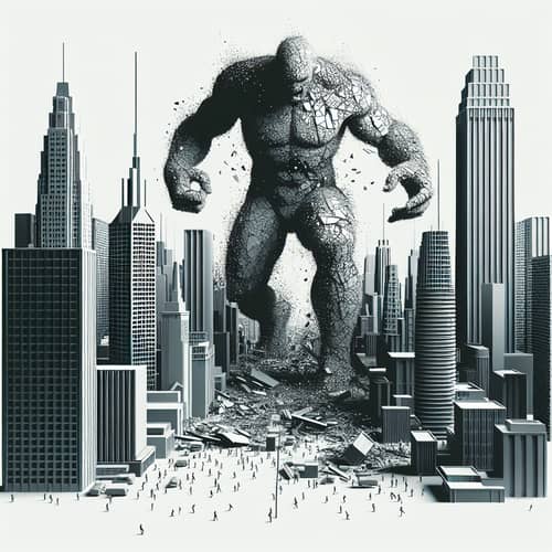 Colossal Monochrome Figure Wreaking Havoc in Metropolis