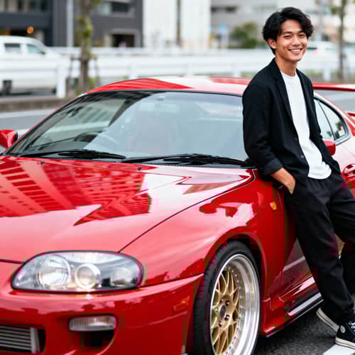 Stunning Red Toyota Supra with Stylish Young Man