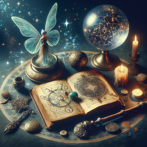 Enchanting Magic Scene with Ancient Book, Orb, Wand, and Fairy