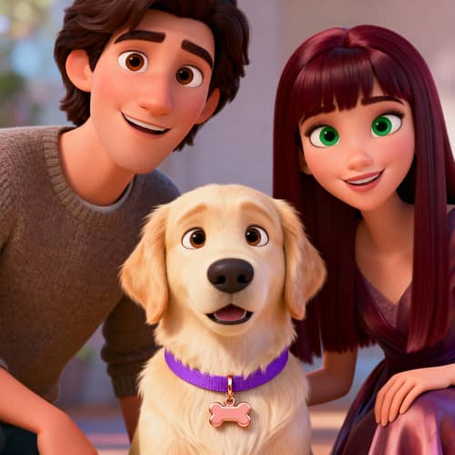 Pixar Couple Portrait with Their Golden Retriever Pixar Couple Portrait with Their Golden Retriever