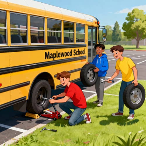 Young Man Fixes School Bus Tire with Friends Young Man Fixes School Bus Tire with Friends