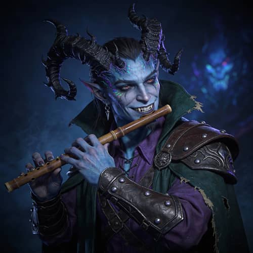 Abyssal Tiefling Character with Flute & Azure Skin