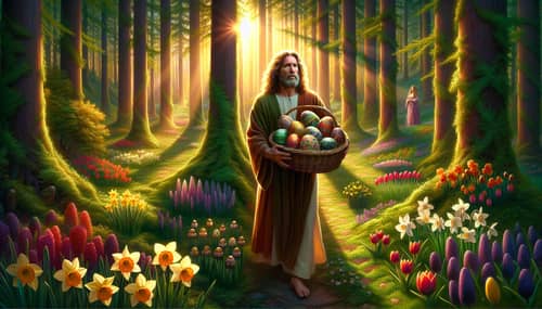 Biblical Figure in Lush Forest: Easter Eggs & Blooms