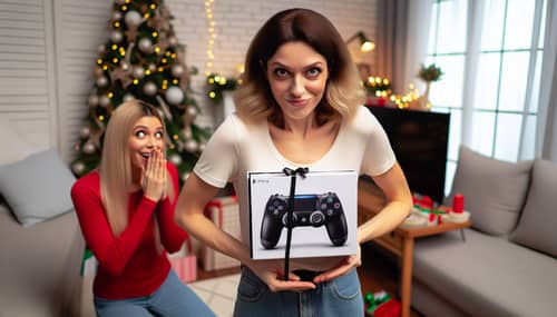 Surprise PS5 Gift: Sneaky White Woman with Controller - Festive Scene