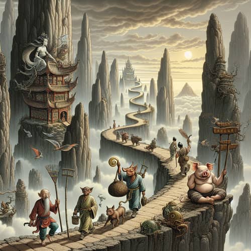 Journey to the West Inspired Scene: Mountains, Monastery & Characters